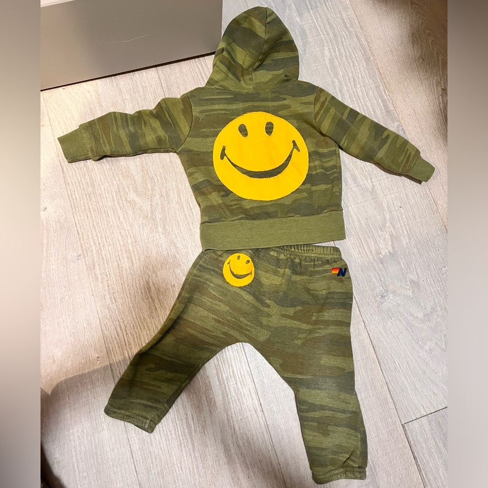 Aviator Nation Kids Matching Set - Green Camo with Yellow Smiley